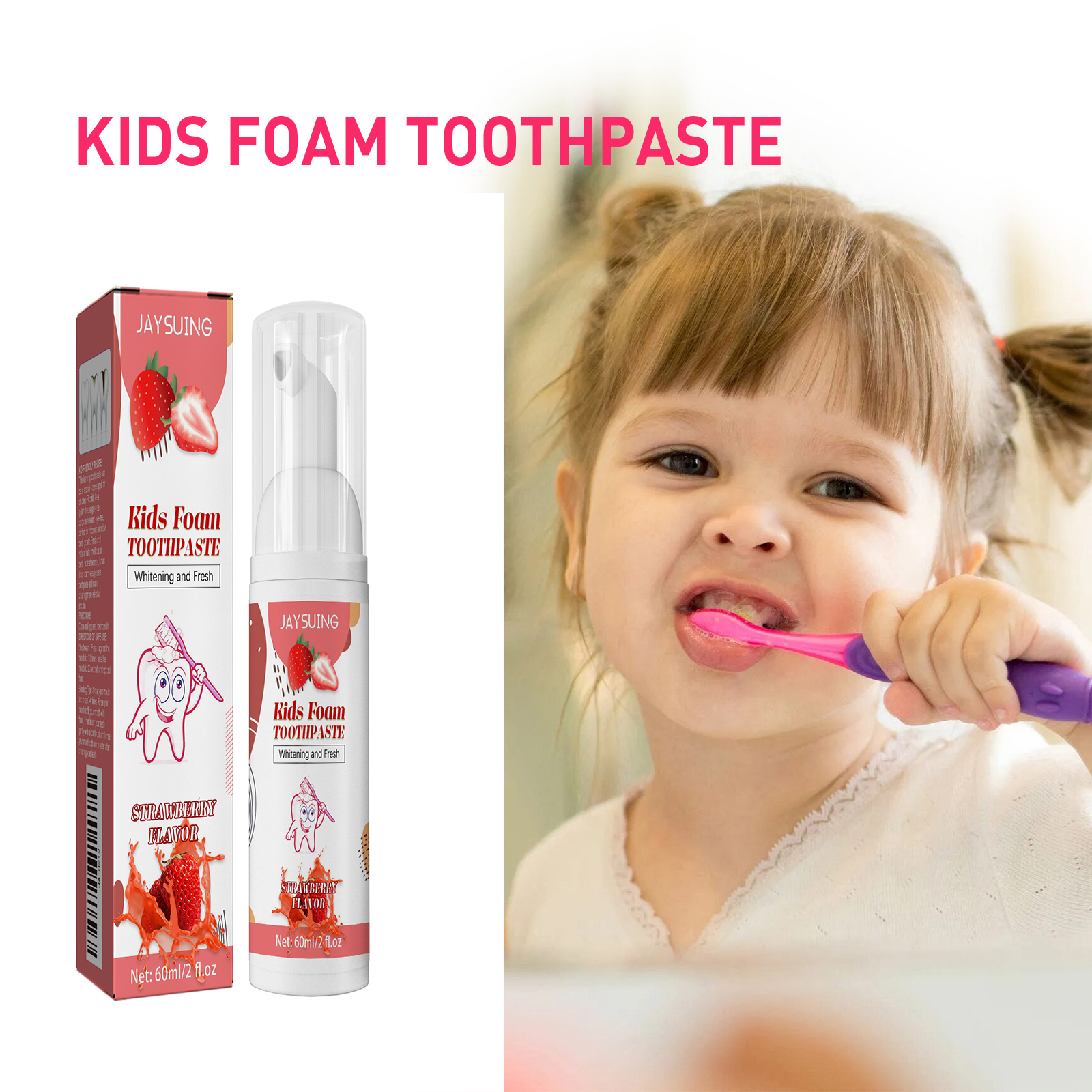 Teeth Whitening Foam Toothpaste - Strawberry-Flavored Kids' Foam Toothpaste - Teeth