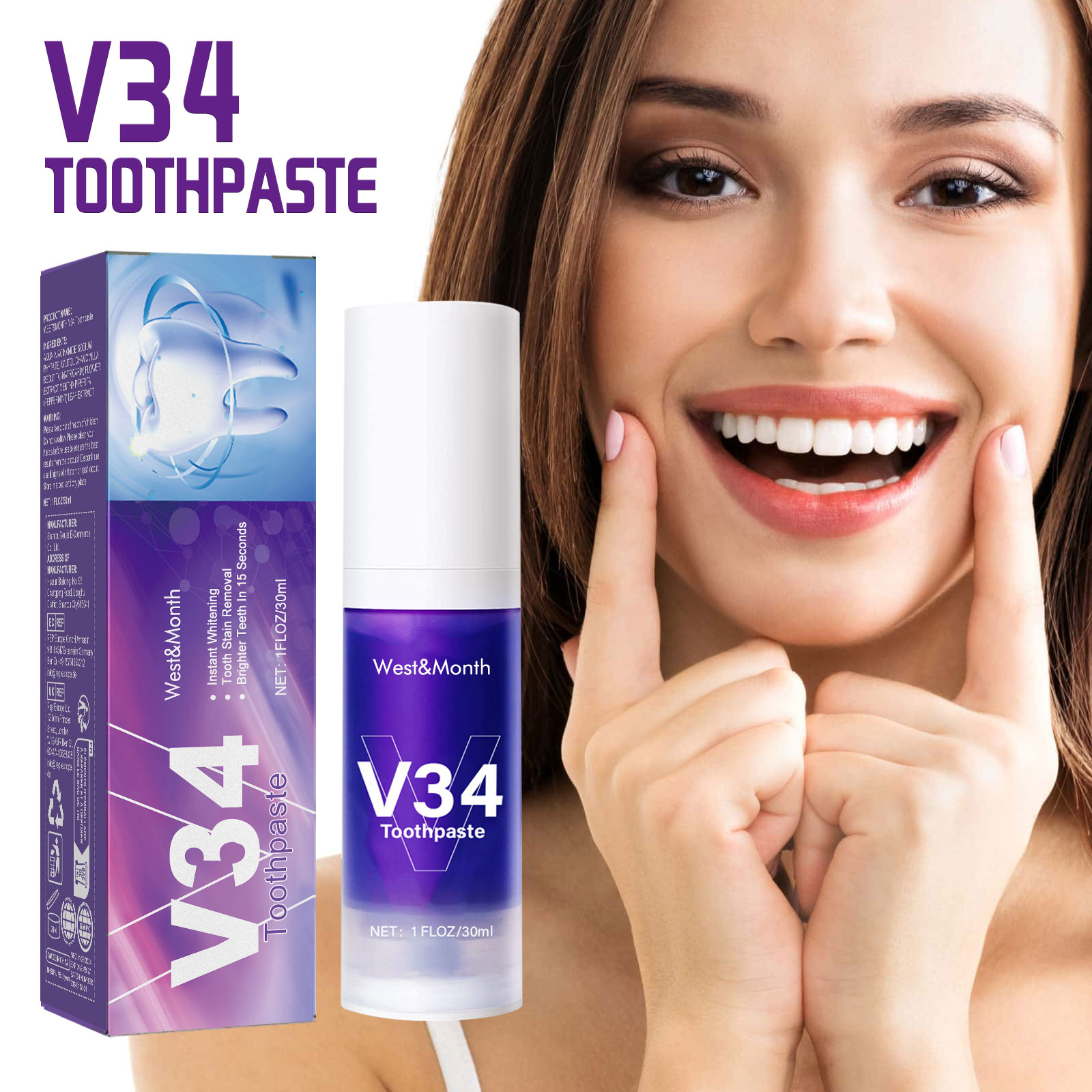 Teeth Whitening Crest - V34 Cleansing Mousse, Intensive Teeth Whitening,